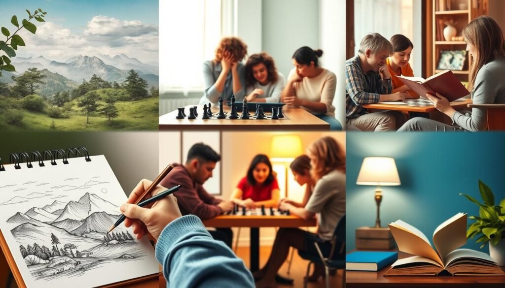 A vibrant collage of popular hobbies, showcasing a diverse array of engaging activities. In the foreground, a skilled artist meticulously sketches a detailed landscape, their hands moving with a sure, confident stroke. In the middle ground, a group of friends gather around a chess board, engaged in a spirited game, brows furrowed in concentration. In the background, a cozy reading nook invites the viewer to curl up with a good book, the soft glow of a table lamp casting a warm, soothing light. Throughout the scene, a sense of harmony and passion for life's simple pleasures permeates the air, inviting the viewer to immerse themselves in the joy of discovering new hobbies.