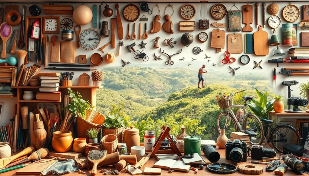 A vibrant collection of diverse hobbies and pastimes, capturing the essence of "أنواع الهوايات". In the foreground, an array of hands-on activities such as painting, pottery, and woodworking, each represented by carefully crafted tools and materials. In the middle ground, a range of leisurely pursuits like gardening, hiking, and cycling, depicted through lush greenery, winding trails, and sturdy bicycles. In the background, a panoramic view of intellectual and creative hobbies, including books, musical instruments, and cameras, all bathed in warm, natural lighting that enhances the overall sense of harmony and balance. The scene conveys a sense of passion, creativity, and the boundless possibilities of human interests and self-expression.