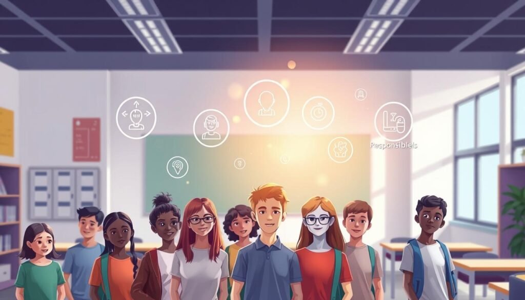 A vibrant, colorful illustration of the core principles of school discipline. In the foreground, a group of diverse students stand together, their expressions focused and attentive. In the middle ground, icons representing key disciplinary tenets, such as respect, responsibility, and accountability, float and glimmer, casting a warm, ethereal glow. The background depicts a modern, well-equipped classroom, with clean lines, natural lighting, and a sense of order and structure. The overall scene conveys a harmonious balance between academic rigor and student empowerment, where the principles of school discipline are woven seamlessly into the fabric of the learning environment.