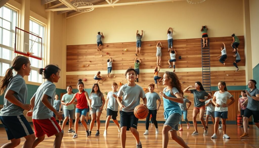 A vibrant scene of a diverse group of students engaged in various physical activities within a well-equipped school gymnasium. In the foreground, a team of young athletes participate in a spirited game of basketball, their movements fluid and coordinated. In the middle ground, students practice yoga and calisthenics, their faces serene and focused. The background features a climbing wall, and students scaling its challenges, building strength and determination. Overhead, the gymnasium is bathed in warm, natural lighting, creating a sense of energy and vitality. The overall atmosphere conveys the transformative power of physical education, as students develop not only physical prowess but also important character traits such as teamwork, discipline, and perseverance.