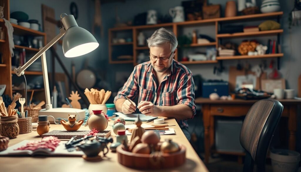 A vibrant scene of a person transforming their hobby into a profitable venture. In the foreground, a well-lit workbench showcases handcrafted products, each item meticulously detailed. In the middle ground, the person, dressed in casual attire, is engrossed in their work, their face illuminated by the soft glow of a desk lamp. The background depicts a cozy, home-based studio, with shelves displaying a variety of materials and tools, hinting at the diverse range of creative pursuits. The overall atmosphere conveys a sense of focus, dedication, and the joy of turning a passion into a sustainable income stream.