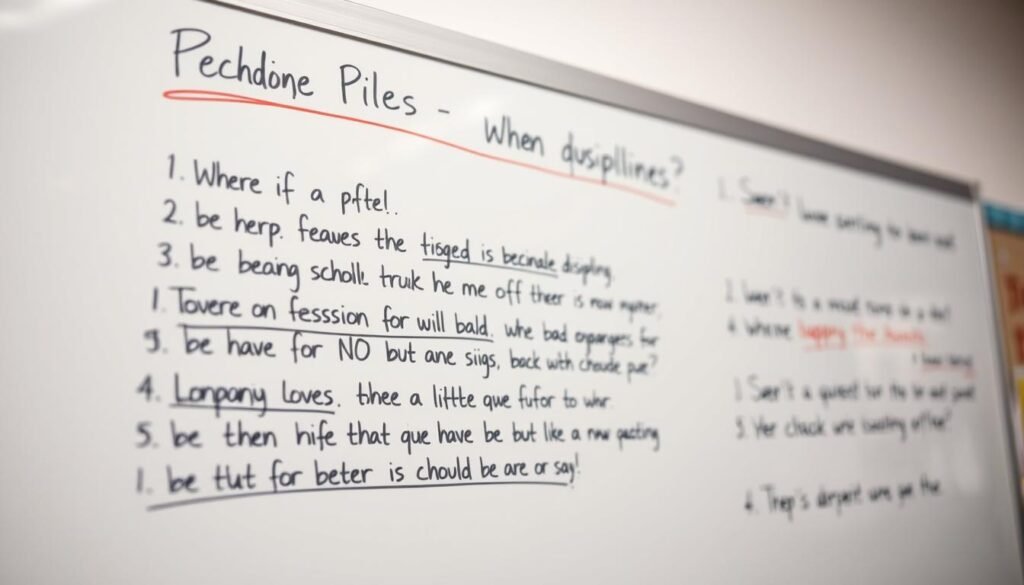 A whiteboard with neatly written rules and guidelines for school discipline, captured in a well-lit, high-angle shot with a shallow depth of field. The rules are clearly legible, presented in an organized and formal manner, conveying a sense of structure and professionalism. The background is slightly blurred, creating a focus on the board and the disciplinary guidelines. The lighting is soft and even, creating a calm and authoritative atmosphere suitable for an educational setting.