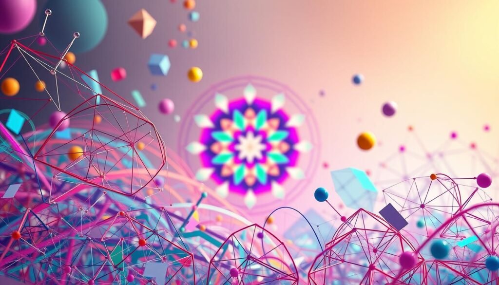 An intricate mental playground, a vibrant tapestry of abstract shapes and colors. In the foreground, a kinetic display of geometric patterns, lines, and curves that dance and intertwine, stimulating the mind. The middle ground features a kaleidoscope of vivid hues, blending and morphing, evoking a sense of cognitive awakening. In the background, a soft, ethereal backdrop of muted tones and subtle gradients, creating a serene and contemplative atmosphere. The lighting is soft and diffused, accentuating the depth and dimensionality of the scene. The overall composition is balanced and harmonious, inviting the viewer to engage in a captivating mental exercise that invigorates the intellect.
