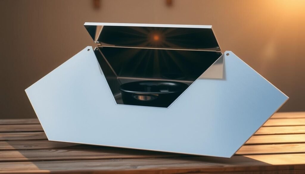 A DIY solar oven with a sleek, minimalist design stands proudly on a wooden surface. The oven's reflective panels capture the sun's rays, focused onto a black cooking chamber. The setup is bathed in warm, golden light, casting soft shadows that accentuate the oven's geometric form. In the background, a simple, natural-toned backdrop complements the eco-friendly theme. The image conveys a sense of ingenuity, sustainability, and the joy of hands-on renewable energy exploration.