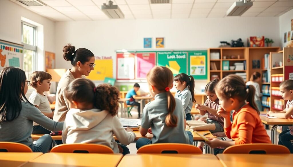A bright, airy classroom with a group of students engaged in various activities, showcasing effective behavior management strategies. In the foreground, a teacher guides a small group through a collaborative task, using positive reinforcement and clear instructions. In the middle ground, other students work independently or in pairs, focused and on-task. The background features educational displays, colorful learning materials, and an open layout that facilitates movement and interaction. Warm, natural lighting illuminates the scene, creating a welcoming and productive atmosphere. The overall composition conveys a sense of order, engagement, and a nurturing learning environment.