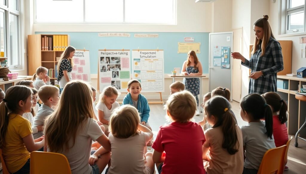 A bright, cheerful classroom filled with students engaged in empathy-building activities. In the foreground, a group of children sit in a circle, passing a talking stick and taking turns sharing their feelings. Soft, natural lighting filters in through large windows, casting a warm glow on the scene. In the middle ground, another group works collaboratively on a poster project, illustrating the concept of perspective-taking. In the background, a teacher guides a hands-on activity, perhaps role-playing or a simulation, as the rest of the class observes attentively. The overall atmosphere is one of openness, connection, and a shared commitment to developing empathy and understanding. A bright, cheerful classroom filled with students engaged in empathy-building activities. In the foreground, a group of children sit in a circle, passing a talking stick and taking turns sharing their feelings. Soft, natural lighting filters in through large windows, casting a warm glow on the scene. In the middle ground, another group works collaboratively on a poster project, illustrating the concept of perspective-taking. In the background, a teacher guides a hands-on activity, perhaps role-playing or a simulation, as the rest of the class observes attentively. The overall atmosphere is one of openness, connection, and a shared commitment to developing empathy and understanding.