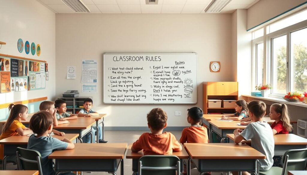 A bright, cheerful classroom with desks arranged in a semicircle, creating an engaging and collaborative atmosphere. Soft, natural lighting filters through large windows, casting a warm glow on the colorful walls adorned with student artwork. In the center, a large whiteboard displays a neatly handwritten set of classroom rules, designed by the students themselves. The rules are presented in a visually appealing manner, using a mix of text, icons, and illustrations that capture the essence of a respectful, inclusive, and productive learning environment. The students, sitting attentively, are engaged in a discussion, their faces expressing a sense of ownership and pride in the collaborative process of establishing the classroom guidelines.