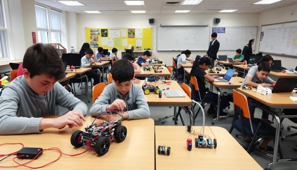 A brightly lit classroom with rows of desks and chairs, each adorned with various mechanical components, gears, and wires. In the foreground, a group of students intently focused on assembling a small robot, their hands deftly manipulating the parts. Nearby, others are engaged in constructing simple mechanisms, such as levers and pulleys, using common household items. The middle ground showcases a diverse array of robotics-related activities, from coding challenges on laptops to hands-on experiments with sensors and motors. In the background, a large whiteboard displays diagrams and instructions, guiding the students through the "unplugged" exploration of robotics principles. The overall scene conveys a sense of collaborative learning, problem-solving, and a joy of discovery in the world of robotics.