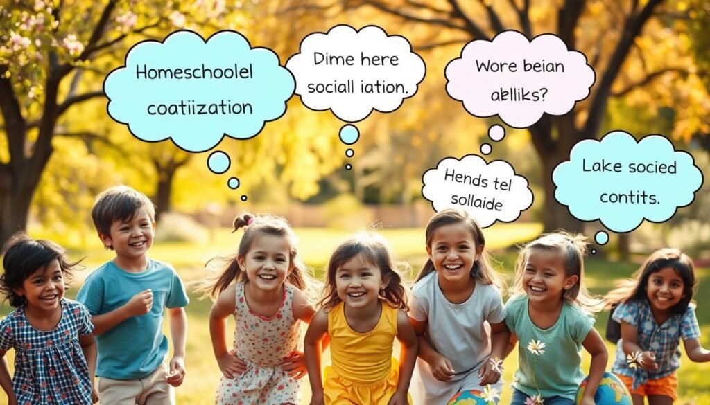 A brightly lit, whimsical scene depicting the debunking of homeschool socialization myths. In the foreground, a group of cheerful, diverse homeschooled children engaged in lively outdoor activities and cooperative play, their faces expressing joy and camaraderie. In the middle ground, thought bubbles surrounding the children display common misconceptions about homeschool socialization, such as "Homeschooled kids are isolated" and "Homeschoolers lack social skills," which are being metaphorically dispersed. The background features a warm, sun-dappled park setting with trees, flowers, and other natural elements, creating a serene and inviting atmosphere that reinforces the theme of vibrant social interaction among homeschooled students.