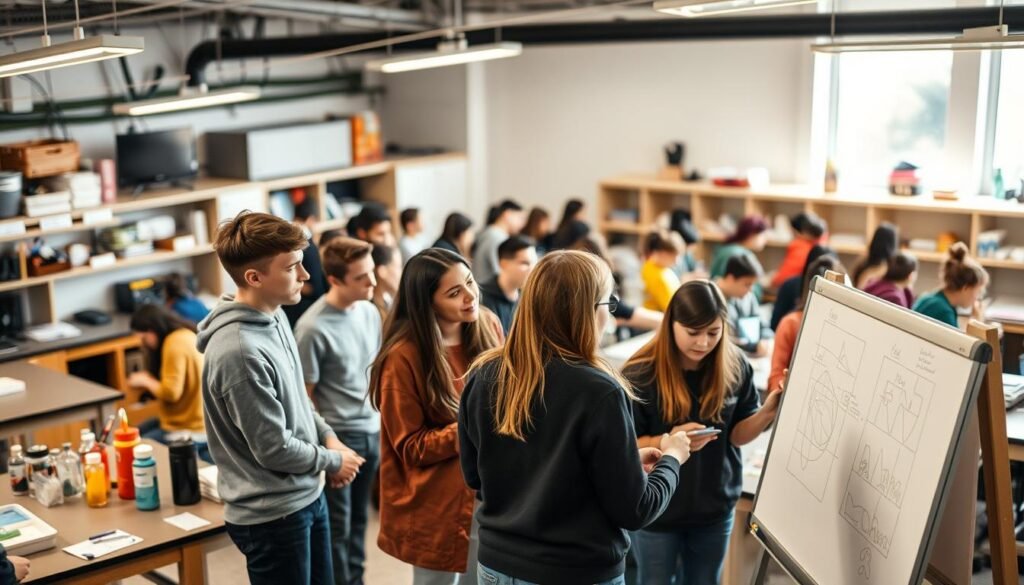 A bustling STEM classroom filled with students collaborating on a group project. In the foreground, a team of four gathered around a workbench, engaged in animated discussion and sketching ideas on a whiteboard. Soft, warm lighting casts a focused glow, highlighting their concentration. In the middle ground, other groups work together, sharing tools and exchanging ideas. The background reveals a well-equipped lab setting, with scientific equipment and technology lining the shelves. An atmosphere of problem-solving and teamwork permeates the scene, capturing the essence of STEM challenges that cultivate communication and collaboration skills.