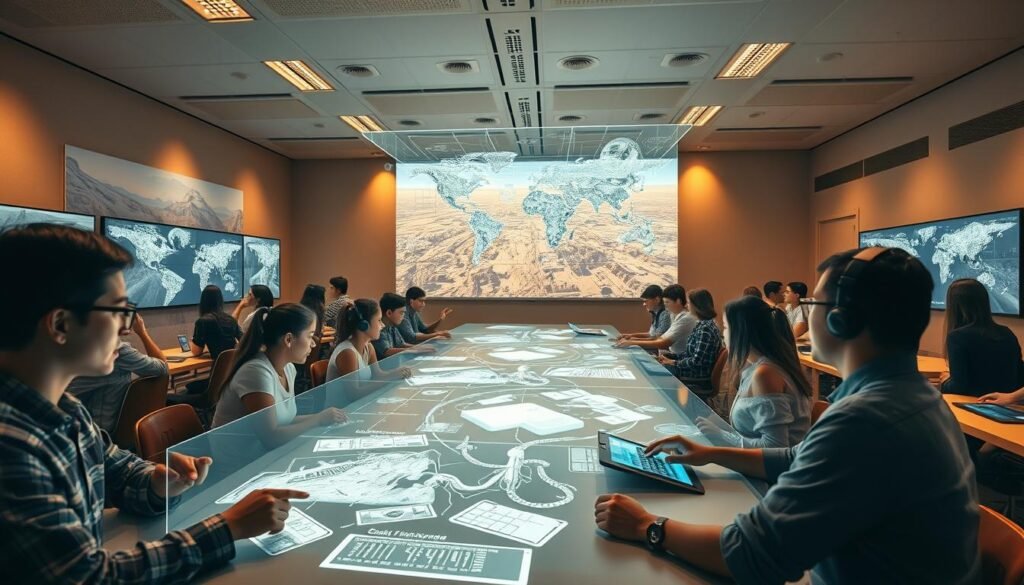 A bustling classroom with students engaged in interactive simulations, surrounded by realistic 3D models and virtual environments. Warm lighting casts a soft glow, enhancing the sense of immersion. The camera angle provides a wide, panoramic view, showcasing the collaborative nature of the learning experience. In the foreground, students manipulate intuitive interfaces, while in the middle ground, holographic displays project complex data visualizations. The background features detailed, photo-realistic renderings of real-world scenarios, seamlessly blending theory and practice.