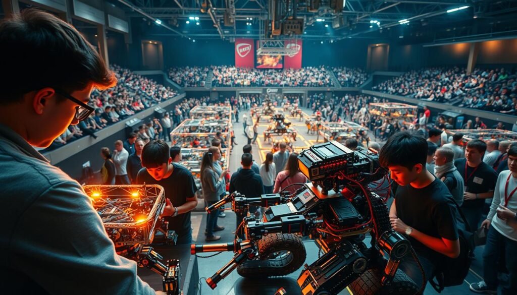 A bustling robotics competition arena, bathed in warm, dynamic lighting. In the foreground, a team of students intently assembles their intricate, cutting-edge robot, its mechanical limbs and sensors gleaming. In the middle ground, other teams engage in heated yet collaborative challenges, maneuvering their creations through complex obstacle courses and test beds. The background is filled with an enthusiastic crowd, cheering on the participants and the spirit of innovation. The atmosphere is one of focused determination, camaraderie, and a shared passion for pushing the boundaries of technology. Cinematic angles capture the energy and intensity of the event, showcasing the future leaders of the robotics field.