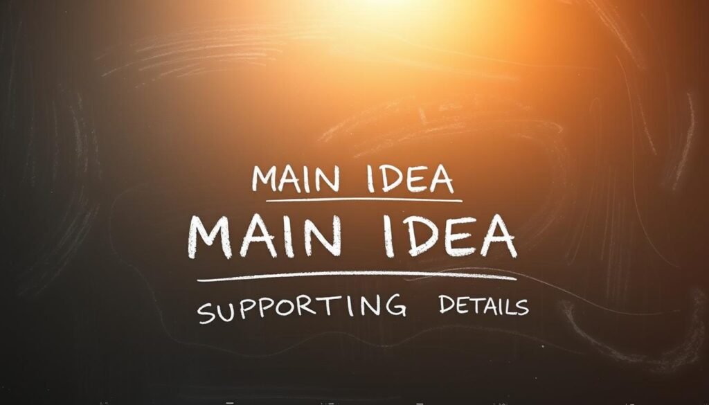 A chalkboard background with a bright, warm lighting illuminating the center. In the foreground, a large "MAIN IDEA" text written in bold chalk, surrounded by several smaller "SUPPORTING DETAILS" annotations, each with a distinct icon or symbol. The details are arranged in an organized, hierarchical manner, visually demonstrating the relationship between the main idea and its supporting elements. The overall scene conveys a sense of education, learning, and clarity, suitable for illustrating the concept of identifying main ideas and supporting details.