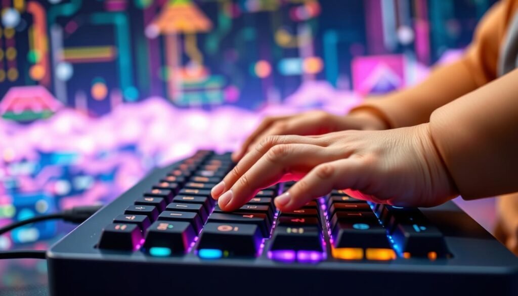 A child's hands typing on a colorful, ergonomic keyboard set against a backdrop of glowing computer code and circuitry. The foreground features a close-up of the child's fingers, conveying a sense of focus and active engagement. The middle ground showcases a vibrant, futuristic display of digital patterns and symbols, highlighting the dynamic nature of coding. The background features a softly blurred, technology-inspired landscape, creating a sense of depth and immersion. The overall mood is one of curiosity, discovery, and the boundless potential of coding skills. Bright, directional lighting accentuates the child's hands and the digital elements, creating a sense of energy and enthusiasm.