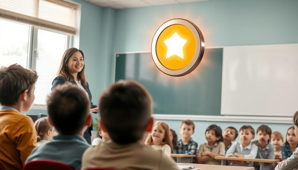 A classroom setting with a teacher standing in front of a group of attentive students, all focused on a large, glowing reinforcement icon hovering in the center of the frame. The icon is depicted as a powerful, three-dimensional object with a sleek, metallic surface that emanates a warm, inviting glow. The teacher's expression is one of confidence and enthusiasm, their body language conveying a sense of authority and expertise. The students' faces are alight with engagement and a desire to learn, reflecting the transformative power of positive reinforcement as a teaching tool. The scene is bathed in soft, natural lighting, creating a harmonious and inspiring atmosphere. A classroom setting with a teacher standing in front of a group of attentive students, all focused on a large, glowing reinforcement icon hovering in the center of the frame. The icon is depicted as a powerful, three-dimensional object with a sleek, metallic surface that emanates a warm, inviting glow. The teacher's expression is one of confidence and enthusiasm, their body language conveying a sense of authority and expertise. The students' faces are alight with engagement and a desire to learn, reflecting the transformative power of positive reinforcement as a teaching tool. The scene is bathed in soft, natural lighting, creating a harmonious and inspiring atmosphere.