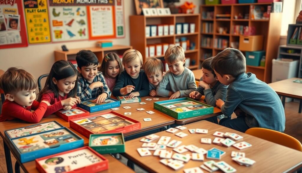 A cozy classroom setting with an array of memory game boards and cards scattered on the desks, inviting different age groups to engage in friendly competition. Warm, soft lighting casts a welcoming glow, as children of varying ages huddle around the games, their faces alight with concentration and the thrill of discovery. In the background, colorful educational posters and shelves of learning materials suggest a nurturing, stimulating environment. The scene captures the joy and cognitive benefits of memory-building activities suitable for diverse developmental stages.