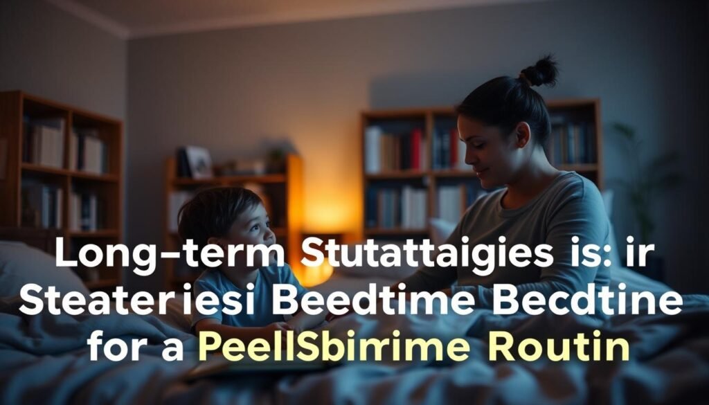 A cozy, dimly lit bedroom with soft, warm lighting. In the foreground, a parent and child sitting on a plush bed, engaged in a relaxed, intimate conversation. The child's expression is one of calm and attentiveness, while the parent's face exudes a sense of gentle guidance and wisdom. In the middle ground, bookshelves line the walls, hinting at the wealth of knowledge and resources available to the family. The background is softly blurred, creating a sense of tranquility and focus on the central figures. The overall atmosphere conveys a sense of long-term, sustainable strategies for a peaceful bedtime routine.