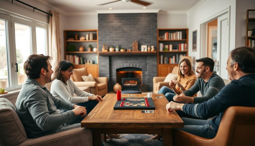 A cozy game night in a well-lit living room. In the foreground, a small group of friends sit around a wooden table, engaged in a board game or card game, their faces animated with laughter and concentration. The middle ground features plush armchairs, bookshelves, and a warm fireplace, creating a welcoming, intimate atmosphere. The background is softly blurred, hinting at the homey details of the space - perhaps a window overlooking a garden, or a cluster of potted plants. The lighting is soft and natural, casting a gentle glow on the scene. The overall mood is one of relaxation, connection, and the simple pleasures of shared experiences.