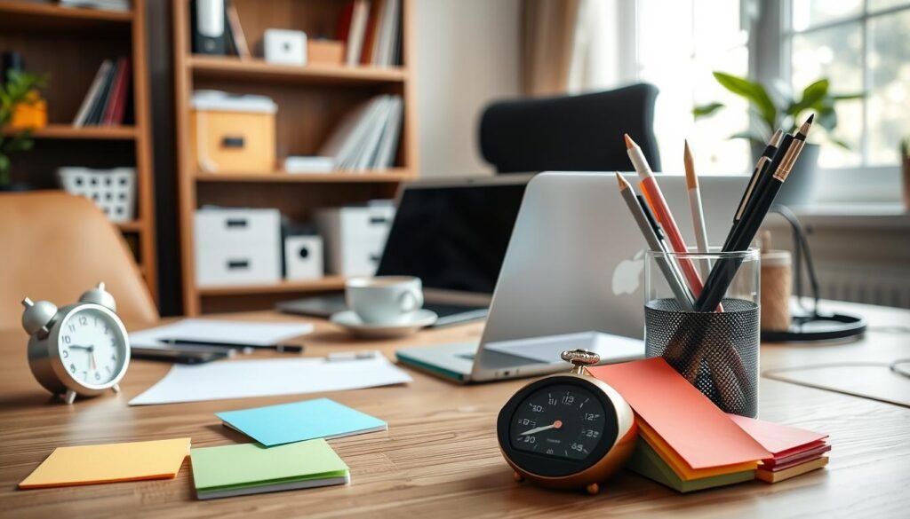 A cozy home office scene, with a desk, chair, and various productivity items. In the foreground, a set of colorful sticky notes, a timer, and a pen holder with different writing utensils. In the middle ground, a laptop, a cup of coffee, and a small potted plant. The background features a bookshelf with organizational supplies and a window letting in soft, natural lighting. The overall mood is focused and efficient, with a sense of calm productivity.