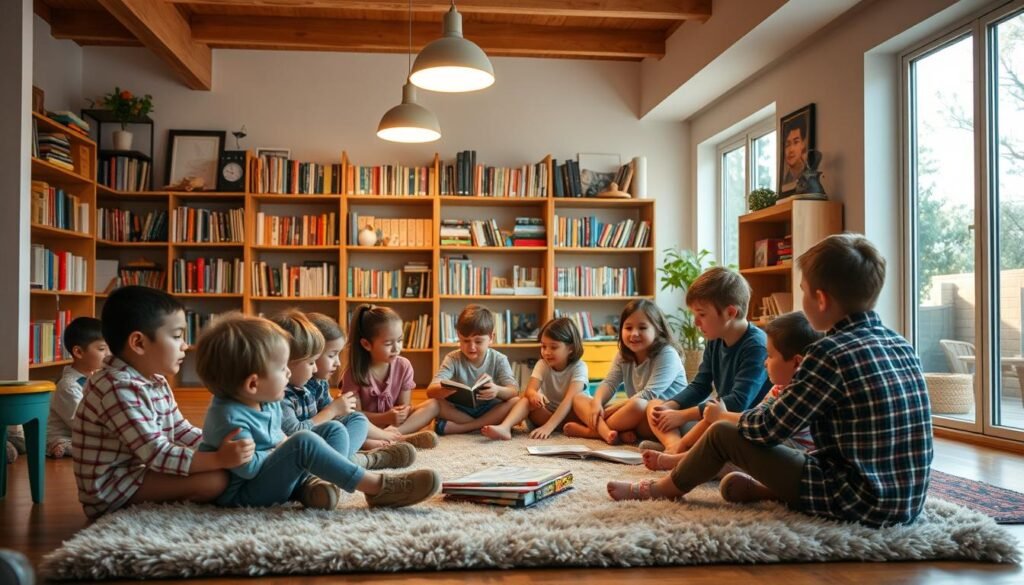 A cozy homeschool setting, with children engaged in lively group activities and discussions. The foreground features a diverse group of kids sitting on a plush rug, sharing ideas and playing educational games. Warm lighting from overhead fixtures casts a soft glow, creating an inviting atmosphere. In the middle ground, shelves brimming with books and learning materials line the walls, hinting at the rich educational resources available. The background showcases large windows, allowing natural light to flood the space and fostering a sense of openness and connection to the outside world. An air of collaboration and intellectual curiosity permeates the scene, capturing the essence of socialization within the homeschooling experience.