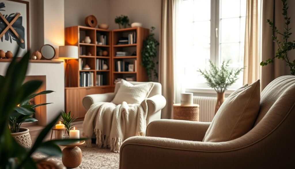 A cozy living room filled with calming elements. In the foreground, a plush armchair and a soft blanket invite relaxation. Nearby, a potted plant and a lit candle create a serene ambiance. The middle ground features a bookshelf with soothing colors and textures, while the background showcases a large window, letting in natural light that filters through sheer curtains. The overall atmosphere is one of tranquility and mindfulness, encouraging contemplation and self-care. Warm lighting, muted tones, and a sense of simplicity and balance evoke a feeling of comfort and ease. A cozy living room filled with calming elements. In the foreground, a plush armchair and a soft blanket invite relaxation. Nearby, a potted plant and a lit candle create a serene ambiance. The middle ground features a bookshelf with soothing colors and textures, while the background showcases a large window, letting in natural light that filters through sheer curtains. The overall atmosphere is one of tranquility and mindfulness, encouraging contemplation and self-care. Warm lighting, muted tones, and a sense of simplicity and balance evoke a feeling of comfort and ease.