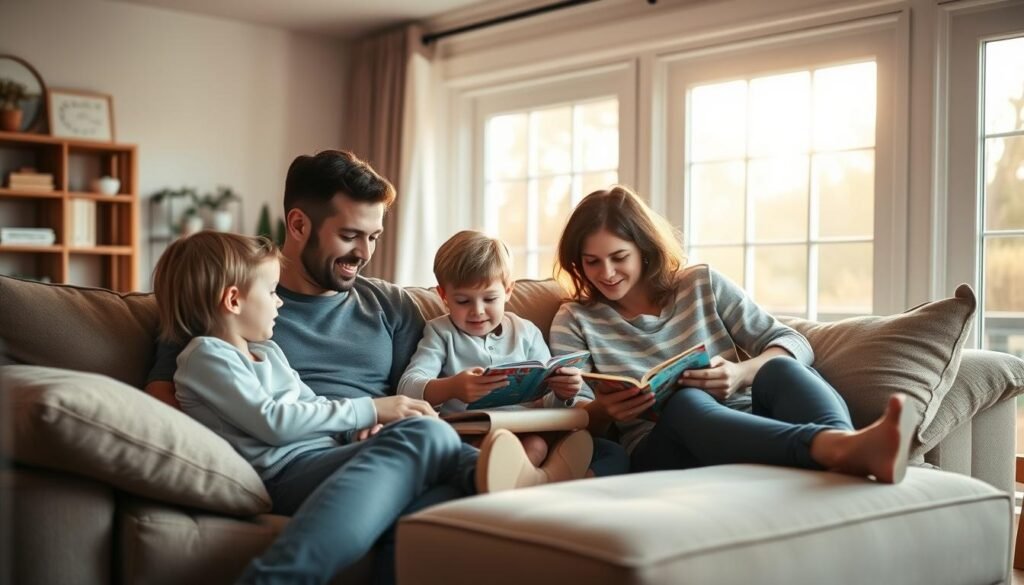 A cozy living room with a family of four - parents and two young children - gathered together on a plush sofa, their electronic devices set aside. Warm afternoon light filters through large windows, casting a golden glow on their faces as they engage in a board game or read storybooks together. The room exudes a sense of tranquility and connection, free from digital distractions. Soft textures, natural materials, and earthy tones create a relaxing, tech-free atmosphere, encouraging quality time and undivided attention.