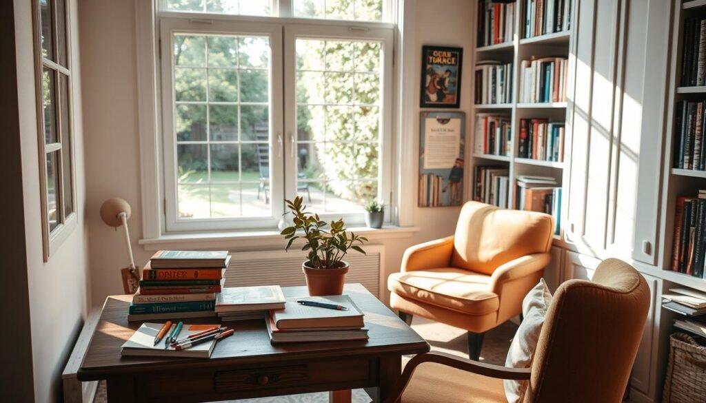 A cozy, sun-drenched learning space at home. In the foreground, a small wooden table with a stack of colorful books, art supplies, and a plant in a ceramic pot. A comfortable armchair in a warm, earthy tone sits nearby, inviting relaxation. The middle ground features a large window overlooking a lush, verdant backyard, allowing natural light to flood the room. The background showcases built-in bookshelves filled with a diverse array of literature, creating a scholarly atmosphere. Soft, indirect lighting casts a gentle glow, and the overall color palette features soothing, natural hues that foster a calm, focused learning environment.