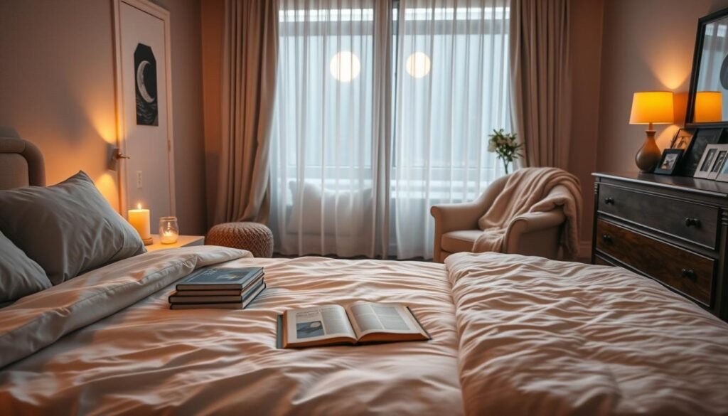 A cozy, well-lit bedroom with warm, ambient lighting. In the foreground, a plush, neatly made bed with soft, inviting bedding. On the nightstand, a stack of books, a glass of water, and a small, flickering candle. In the middle ground, a comfortable armchair with a fluffy throw blanket draped over it, creating a cozy reading nook. The background features a large window with sheer curtains, allowing natural moonlight to filter in, and a dresser with a few personal items, such as framed photographs and a small plant. The overall atmosphere is serene, calming, and conducive to a relaxing, screen-free bedtime routine.