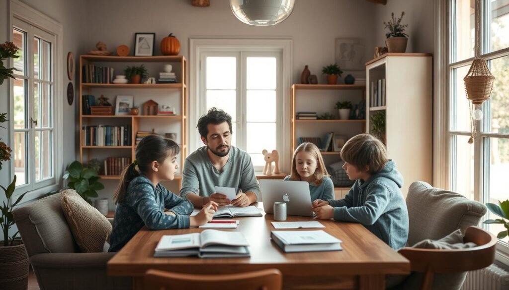 A cozy, well-lit home interior with a family gathered around a table, engaged in open discussion. Soft natural lighting streams through large windows, casting a warm glow on their faces. In the foreground, a mother and father sit across from their two children, their body language conveying attentive listening and thoughtful consideration. Books, papers, and a laptop suggest an atmosphere of learning and assessment. The background features bookshelves, potted plants, and personal mementos, creating a sense of comfort and familiarity. The overall scene evokes a feeling of introspection, collaboration, and a desire to understand and meet the family's unique needs.