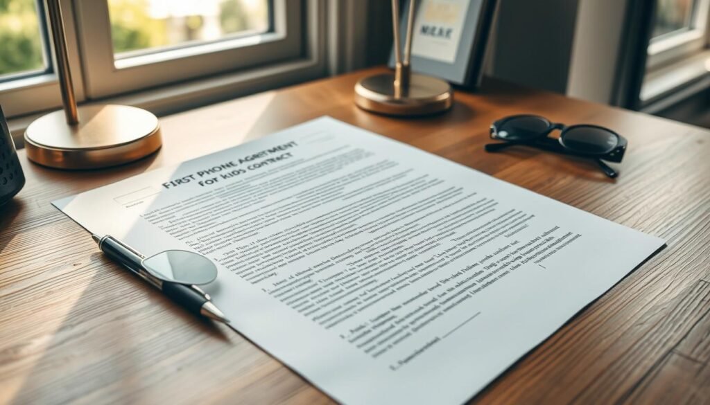 A crisp, high-resolution document laying on a wooden desk, illuminated by natural light streaming through a window. The document features a detailed, standardized cell phone contract with carefully crafted legal language. Surrounding the contract are various office supplies like a pen, a small lamp, and a pair of reading glasses, conveying a sense of seriousness and importance. The overall scene exudes a professional, slightly formal atmosphere, reflecting the gravity of the subject matter - a first phone agreement for kids, designed to establish clear expectations and responsibilities.