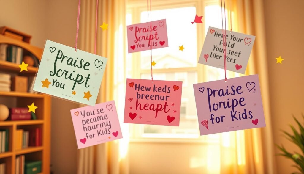 A delightfully cheerful scene of colorful "Praise Scripts for Kids" floating gently in a warm, sunlit room. The scripts, written in a whimsical calligraphic style, are adorned with playful illustrations of stars, hearts, and other encouraging motifs. The scripts hover in mid-air, as if suspended by invisible threads, creating a sense of weightlessness and wonder. The room is bathed in soft, golden light, casting a comforting glow on the uplifting words. The overall atmosphere is one of positivity, encouragement, and the power of affirmation to nurture a child's growth and development.