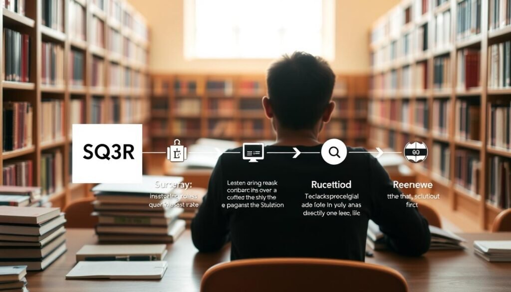 A detailed step-by-step diagram illustrating the SQ3R method process. In the foreground, a clear flow chart with the five distinct steps - Survey, Question, Read, Recite, and Review - each represented by a distinct icon or symbol. The middle ground showcases relevant academic materials such as textbooks, notebooks, and a focused student silhouette, subtly conveying the context of active learning. The background features a soft, warm-toned library setting with bookshelves, providing an atmosphere of scholarly contemplation. The lighting is natural, softly illuminating the scene. The overall composition is balanced, clean, and visually appealing, designed to effectively communicate the SQ3R method and its practical application.
