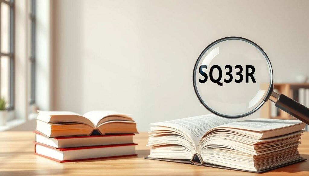 A detailed, step-by-step illustration of the SQ3R reading strategy process. In the foreground, a stack of books with pages turned, highlighting the key stages: Survey, Question, Read, Recite, and Review. In the middle ground, a magnifying glass examining the process, emphasizing close inspection. The background depicts a minimalist, clean workspace with natural lighting, creating a focused, academic atmosphere. The composition uses a warm, muted color palette to convey a sense of thoughtfulness and concentration. The overall image aims to visually explain the SQ3R method in a clear, informative manner.