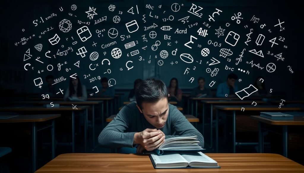 A dimly lit classroom, desks arranged in orderly rows. In the foreground, a student sits hunched over, face etched with worry, hands gripping a textbook. Surrounding them, swirling clouds of mathematical symbols, equations, and formulas, creating a sense of overwhelming complexity. In the middle ground, other students exhibit varying degrees of frustration and disengagement, some staring blankly, others fidgeting nervously. The background fades into a hazy, indistinct landscape, emphasizing the insular nature of the academic setting. Soft, cool lighting casts long shadows, lending an air of uncertainty and unease. The overall atmosphere conveys the psychological barriers and emotional turmoil that can contribute to math anxiety.