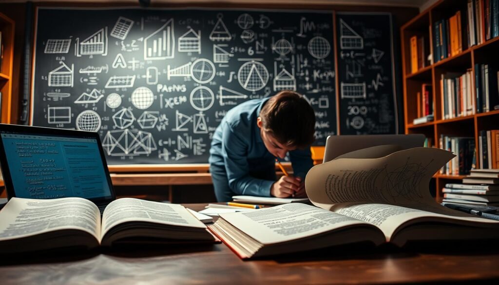 A dimly lit study with an academic setting. In the foreground, a desk with open textbooks, scattered notes, and a laptop displaying complex mathematical equations. Behind it, a chalkboard covered in intricate diagrams and formulas, indicating deep understanding beyond the basics. In the middle ground, a person leaning intently over the desk, pencil in hand, immersed in the process of mastering the subject. The background features bookshelves, suggesting a wealth of knowledge and resources available. Warm, focused lighting illuminates the scene, creating a contemplative atmosphere of dedicated learning and overlearning techniques.