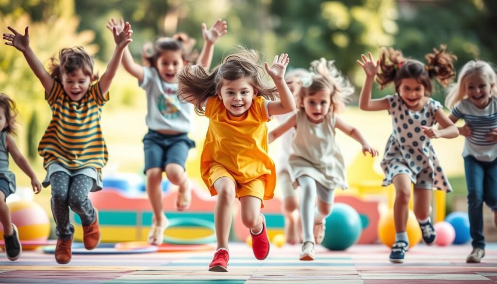 A group of children engaged in various physical activities, such as jumping, running, and dancing, to express and release their big emotions. The foreground depicts the children's energetic movements, with their faces reflecting a range of emotions from joy to frustration. The middle ground showcases a colorful, playful environment, with vibrant colors and engaging props like hoops and balls. The background features a softly blurred, serene outdoor setting, creating a sense of space and calm. The lighting is warm and natural, casting a gentle glow on the scene. The overall composition captures the therapeutic power of physical expression, encouraging children to find healthy outlets for their big feelings.
