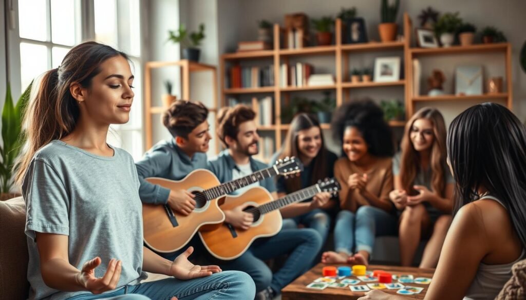 A group of diverse teenage friends gathered in a cozy, well-lit living room, engaging in various stress-relieving activities. In the foreground, a young woman practices mindful breathing, her eyes closed and expression serene. Next to her, a teen boy strums an acoustic guitar, his face full of focus. In the middle ground, a group of friends laugh together as they play a cooperative board game. The background features shelves of books, plants, and personal mementos, creating a warm, inviting atmosphere. Soft, natural lighting filters through large windows, casting a gentle glow over the scene. The overall mood is one of camaraderie, relaxation, and the development of healthy coping strategies. A group of diverse teenage friends gathered in a cozy, well-lit living room, engaging in various stress-relieving activities. In the foreground, a young woman practices mindful breathing, her eyes closed and expression serene. Next to her, a teen boy strums an acoustic guitar, his face full of focus. In the middle ground, a group of friends laugh together as they play a cooperative board game. The background features shelves of books, plants, and personal mementos, creating a warm, inviting atmosphere. Soft, natural lighting filters through large windows, casting a gentle glow over the scene. The overall mood is one of camaraderie, relaxation, and the development of healthy coping strategies.