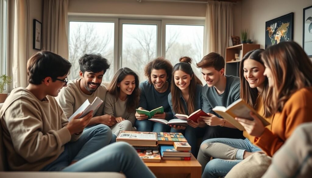 A group of diverse teenagers engaged in positive, constructive activities - playing board games, reading books, having thoughtful discussions, and collaborating on creative projects. The scene is bathed in warm, natural lighting from large windows, creating a cozy, inviting atmosphere. The teenagers' expressions are focused, engaged, and content, reflecting their mutual respect and care for one another. The setting is a modern, well-appointed living room or study, with earthy, calming colors and minimalist decor that emphasizes the importance of human connection. The overall mood is one of productive, meaningful interaction - a snapshot of adolescents practicing healthy, positive discipline techniques.