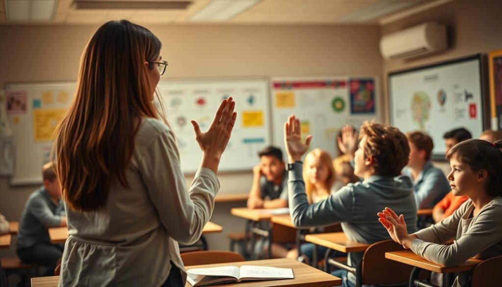 A lively classroom scene with students and a teacher engaged in a call-and-response activity. In the foreground, a teacher stands before a group of attentive students, hands raised in a call-and-response gesture. The students, seated at desks, are leaning forward, focused on the teacher's prompts. Warm, natural lighting illuminates the scene, creating a welcoming and energetic atmosphere. In the background, educational posters and whiteboards suggest a well-equipped, modern classroom. The overall composition conveys a sense of active learning and engaged participation. A lively classroom scene with students and a teacher engaged in a call-and-response activity. In the foreground, a teacher stands before a group of attentive students, hands raised in a call-and-response gesture. The students, seated at desks, are leaning forward, focused on the teacher's prompts. Warm, natural lighting illuminates the scene, creating a welcoming and energetic atmosphere. In the background, educational posters and whiteboards suggest a well-equipped, modern classroom. The overall composition conveys a sense of active learning and engaged participation.