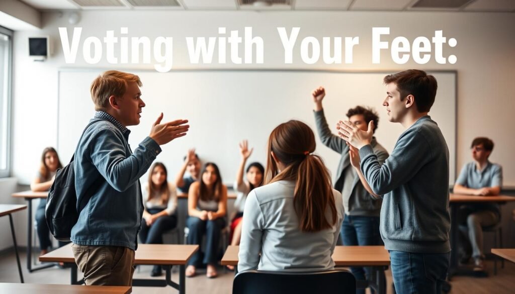 A lively classroom setting with students engaged in a dynamic interactive debate. In the foreground, two students stand facing each other, gesturing passionately as they argue their points. The middle ground features a semicircle of attentive students, some raising their hands to participate. The background showcases a whiteboard or chalkboard, creating an academic atmosphere. Soft, diffused lighting illuminates the scene, casting a warm, thoughtful glow. The overall mood is one of intellectual discourse and engaged learning, capturing the essence of "Voting with Your Feet: Interactive Debates".
