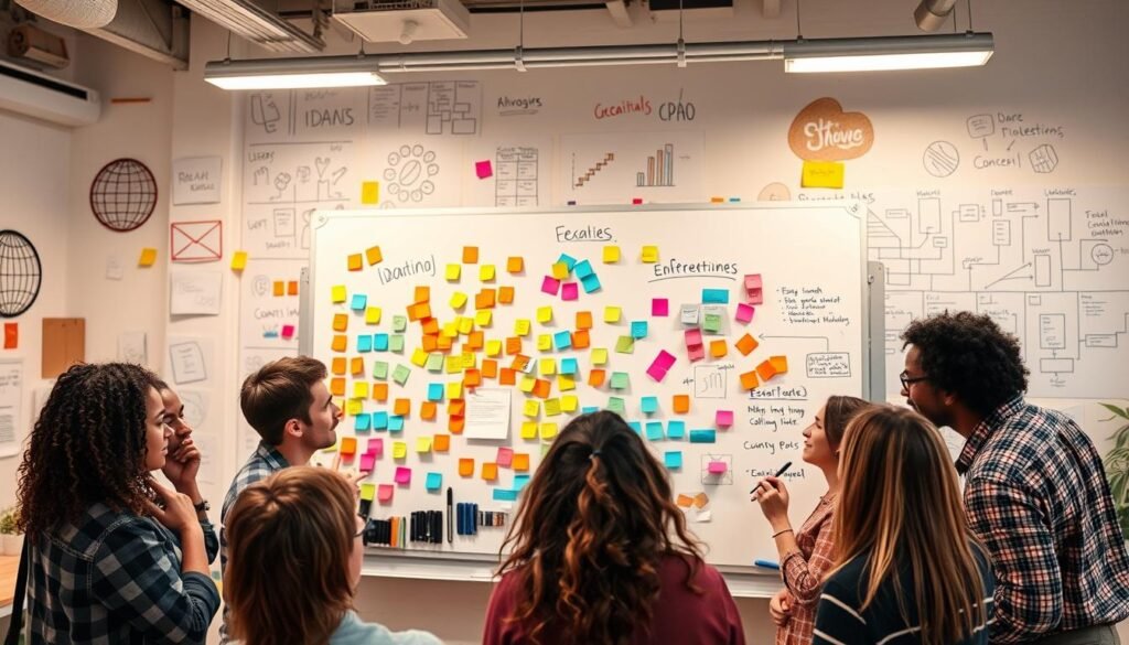 A lively, well-lit studio space, with a large whiteboard or chalkboard taking up the center of the frame. Colorful sticky notes, markers, and other ideation tools are scattered across the board, suggesting a dynamic brainstorming session in progress. In the foreground, a group of diverse individuals, each with a thoughtful expression, are leaning in, engaged in animated discussion. The background features inspirational imagery, such as concept sketches, mind maps, and abstract designs, creating an atmosphere of creative energy and innovation. The overall scene conveys a sense of collaboration, excitement, and the process of transforming ideas into tangible plans.