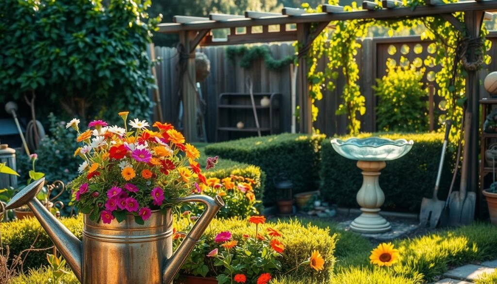 A lush garden bursting with upcycled wonders, bathed in warm afternoon light. In the foreground, a stunning planter made from an old watering can, overflowing with vibrant flowers. In the middle ground, a whimsical bird bath crafted from a repurposed glass bowl, surrounded by neatly trimmed hedges. The background features a rustic trellis entwined with climbing vines, constructed from reclaimed wooden beams. Weathered garden tools and repurposed decor items add to the charming, eco-friendly atmosphere. The overall scene exudes a sense of tranquility and sustainability, inviting the viewer to imagine the creative possibilities of upcycling for the garden.
