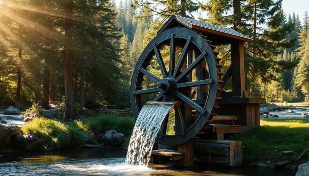 A majestic waterwheel standing tall in a lush, verdant landscape. The sturdy wooden structure is meticulously crafted, its blades gently turning as the clear, cascading water flows over its surface. Sunlight filters through the trees, casting a warm, golden glow on the scene. The waterwheel is the centerpiece, surrounded by towering pines and a babbling brook in the background. The overall atmosphere evokes a sense of tranquility and the power of renewable hydroelectric energy. Detailed textures, realistic lighting, and a compelling depth of field bring this sustainable technology to life.
