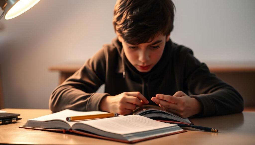 A middle school student sitting at a desk, intently reading a textbook under a warm, focused light. Nearby, an open notebook with neatly organized notes and a sharpened pencil resting atop. The desk surface is clean and uncluttered, allowing the student's full attention to be on the material. The background is softly blurred, creating a sense of calm and concentration. The student's expression is one of deep engagement, their brow slightly furrowed as they carefully process the information. The lighting casts gentle shadows, adding depth and dimension to the scene. An air of productivity and studious focus permeates the environment.