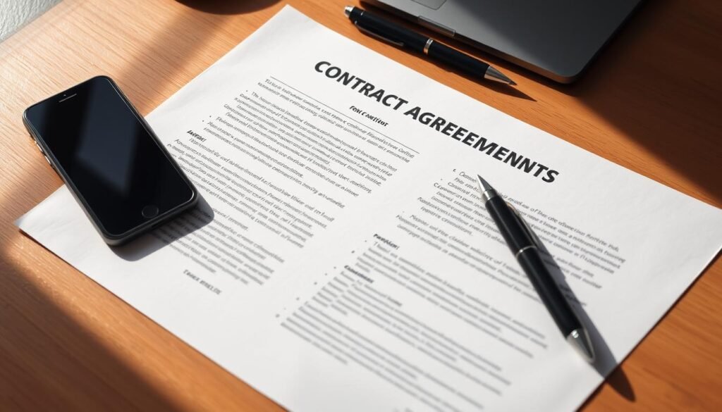 A neatly arranged desk with a smartphone, pen, and a stack of papers representing a cell phone contract. The papers have a clean, professional design with minimal text, focusing on key terms and conditions. Warm, natural lighting casts gentle shadows, creating a sense of seriousness and importance. The overall composition is balanced, with the smartphone and contract papers taking center stage, suggesting the significance of this legal agreement. The mood is one of thoughtfulness and responsibility, reflecting the context of a "First Phone Agreement for Kids."