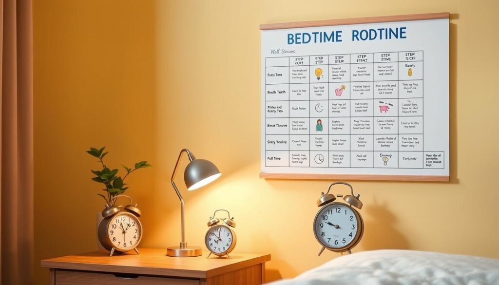 A neatly organized bedtime routine chart displayed on a pale yellow wall, casting a warm glow. The chart features a grid of colorful icons and text outlining a child's step-by-step bedtime activities, from brushing teeth to story time. In the foreground, a small wooden bedside table holds a vintage-style alarm clock and a potted plant. The scene is lit by a table lamp with a soft, diffused light, creating a cozy and inviting atmosphere. The overall composition suggests a serene and organized approach to helping children establish healthy bedtime habits.