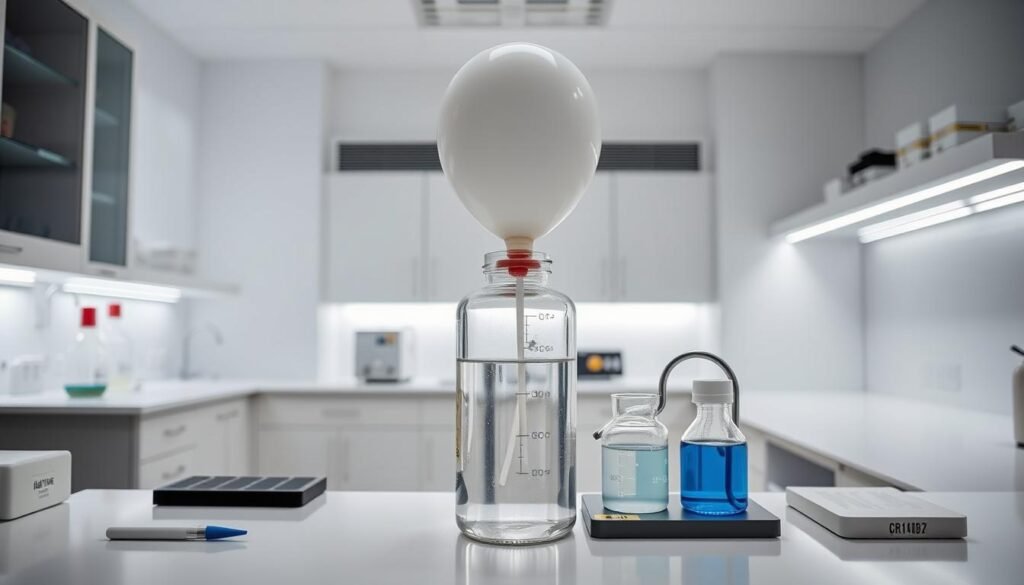 A neatly organized chemistry lab setup with an inflation station experiment in progress. The foreground features a clear glass jar filled with baking soda, vinegar, and a balloon secured at the top. The middle ground shows a clean, well-lit workbench with various scientific glassware, tools, and materials. The background depicts a modern, sterile laboratory environment with white walls, sleek countertops, and subtle lighting. The overall mood is one of scientific exploration and discovery, inviting the viewer to engage with the experiment. The image captures the essence of a simple, yet captivating STEM project that can be easily replicated at home.
