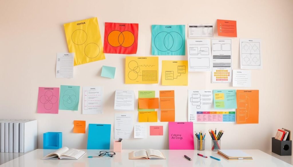 A neatly organized collection of colorful graphic organizers floating in a well-lit, minimalist workspace. The foreground features various shapes and diagrams - Venn diagrams, concept maps, flow charts, and timelines - arranged in a visually striking layout. The middle ground showcases a selection of reading materials and office supplies, hinting at the educational context. The background is a soft, neutral palette, allowing the vibrant graphics to take center stage. The overall atmosphere is one of structured clarity and thoughtful presentation, perfectly suited to illustrate the use of graphic organizers for reading comprehension.