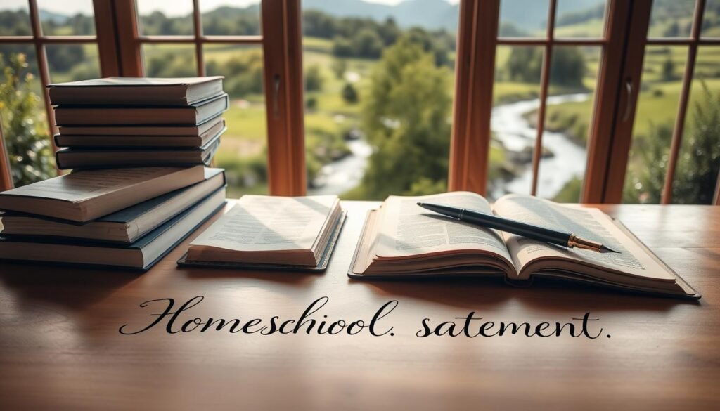 A neatly organized desk with a stack of books, a quill pen, and an open journal. Soft natural lighting floods the scene, creating a warm, contemplative atmosphere. In the background, a large window overlooks a picturesque homeschool setting - lush greenery, a meandering stream, and rolling hills. The desk surface is adorned with a single phrase, "Homeschool Mission Statement," carefully written in elegant calligraphy, reflecting the thoughtfulness and intention behind this educational journey.