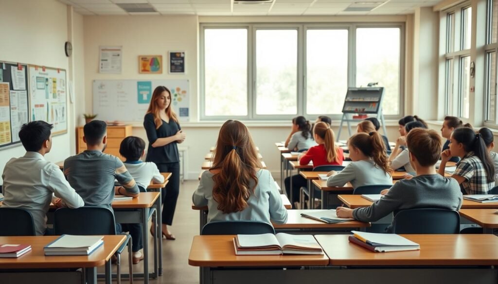 A peaceful classroom scene with students seated at desks, focused on learning. The foreground depicts a teacher standing at the front, gesturing calmly and maintaining a serene expression. The middle ground showcases a variety of classroom tools and materials, including textbooks, whiteboards, and educational posters, all in muted, soothing tones. The background features large windows allowing natural light to filter in, creating a calming, ambient atmosphere. The lighting is soft and diffused, with a warm, inviting color palette. The overall composition conveys a sense of order, tranquility, and effective noise management strategies for a productive learning environment.